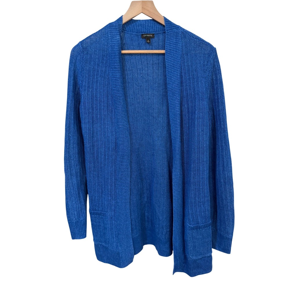 Talbots Cardigan Size S Blue Linen Open Front Longline Ribbed Knit Pockets
